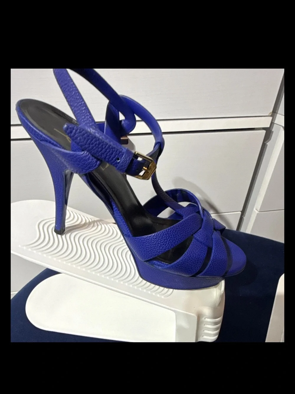 Yves Saint Laurent Tribute Cobalt Blue Leather Platform Sandals with White Sole